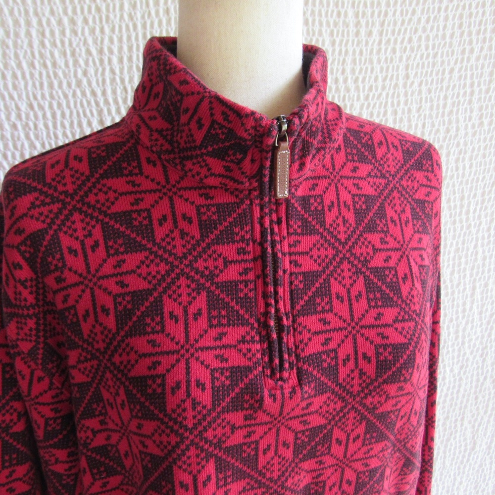 Lands End Cotton Sweater M 1/4 Zip Pullover Red Black Snowflake Graphic Quality